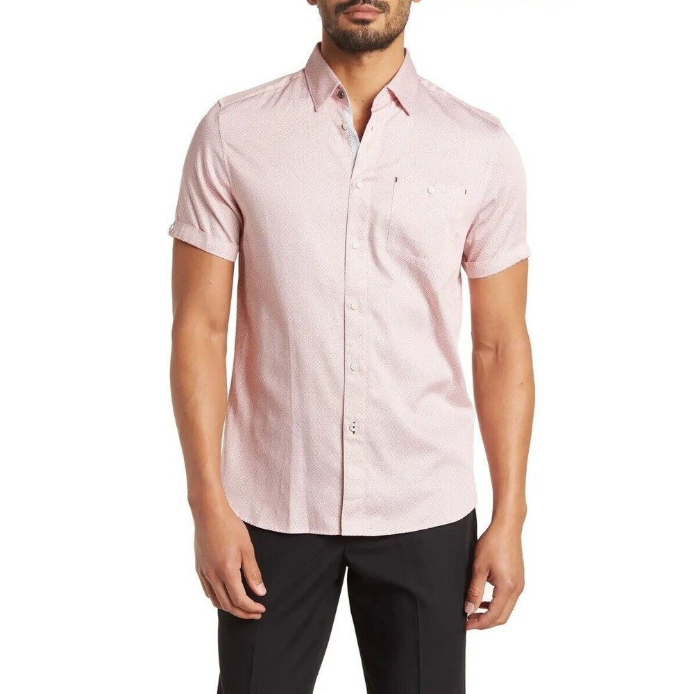 TED BAKER Men's Slim Fit GEO Print Short Sleeve Shirt Size 1 (XS) NWT Orange